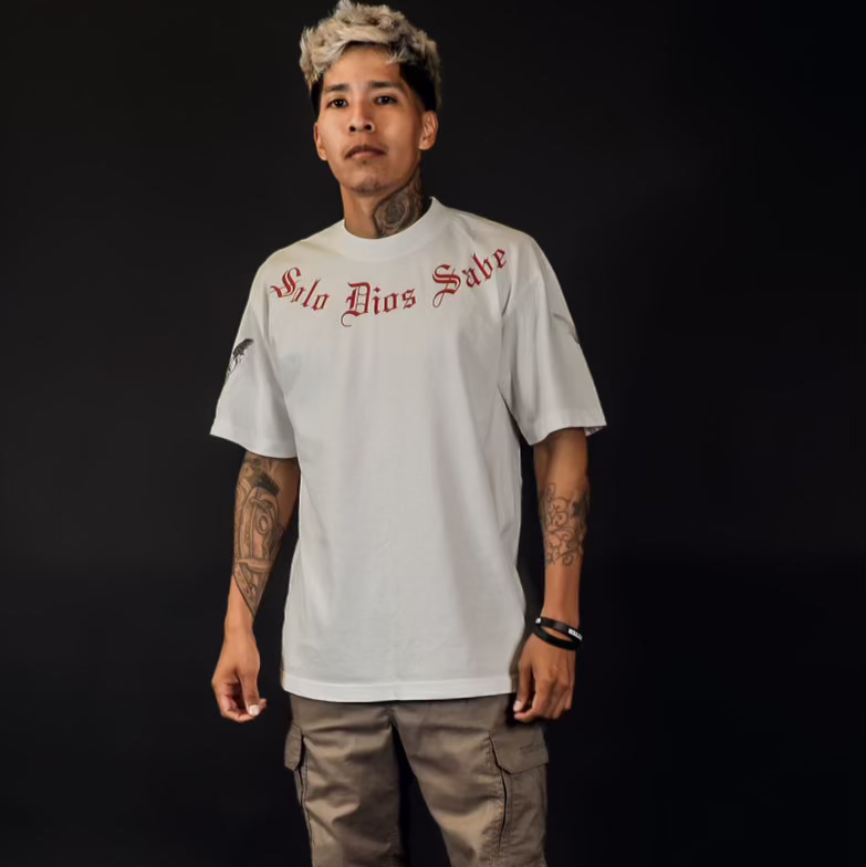 White "Solo Dios Sabe" T-Shirt With Puff Print On Back
